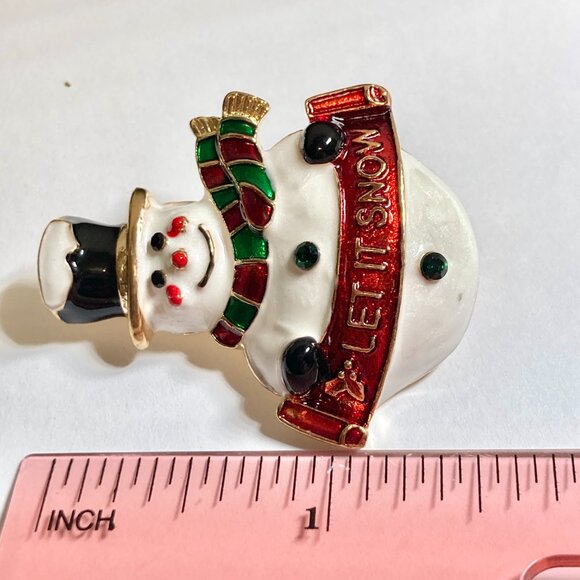 Vintage Snowman Christmas Pin Brooch Enamel Crystal LET IT SNOW Cute Holiday - Picture 6 of 7